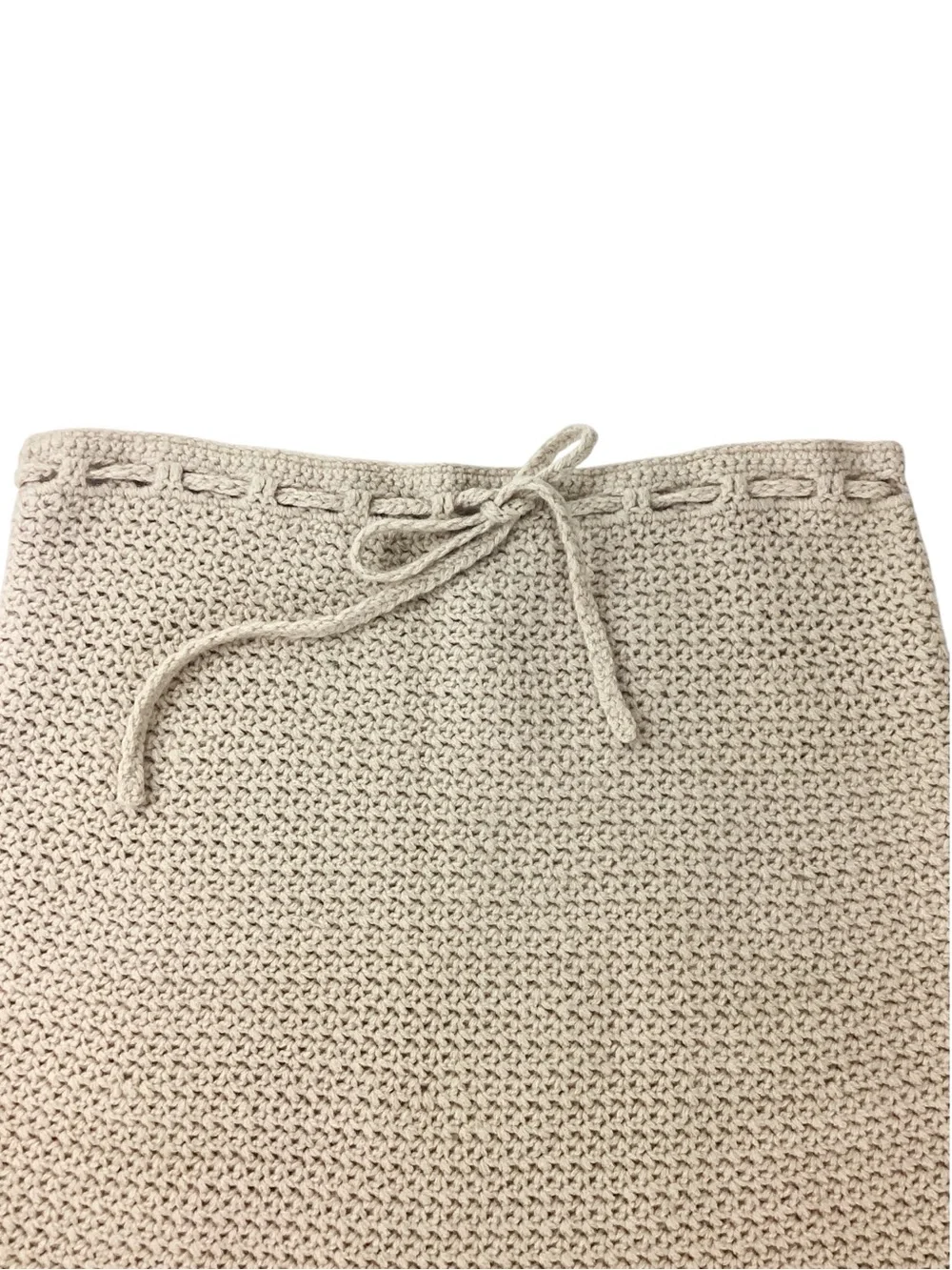 DKNY 100% Lambswool Knit Skirt Size M Tan Crochet Scallop Hem Drawcord